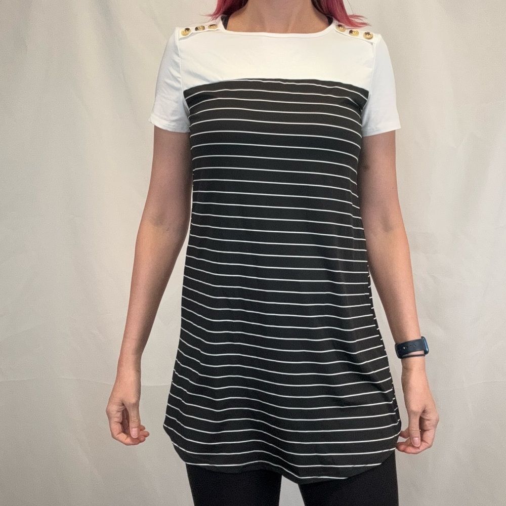 SHEIN Colorblock Striped Tunic Top Button Shoulder Nautical M